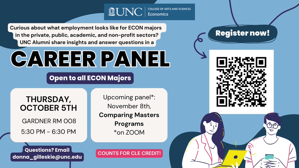 The Economics Department is hosting an alumni panel on Thursday Oct 5 from 5:30 - 6:30 pm to discuss careers for ECON majors in the private, public, non-profit and academic sectors. Join us in Gardner 008! <a href="/UNC_econ/">UNC Economics</a> <a href="/unccollege/">UNC College of Arts and Sciences</a>