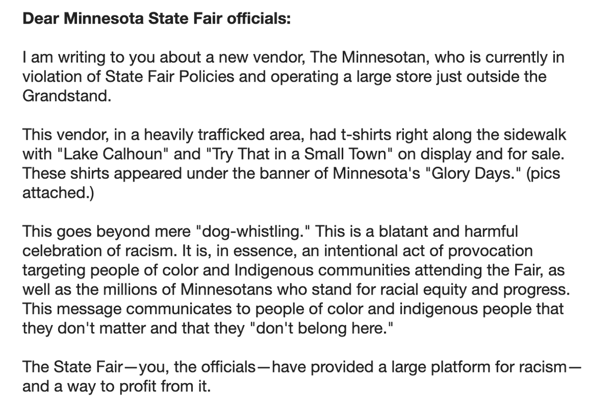 mollypeonies's tweet photo. Here's the letter I sent to State Fair officials along with the petition to remove The Minnesotan--a racist vendor--from the State Fair. You can still sign the petition! https://t.co/8D9X4fElBZ https://t.co/ILpWtbEm7G