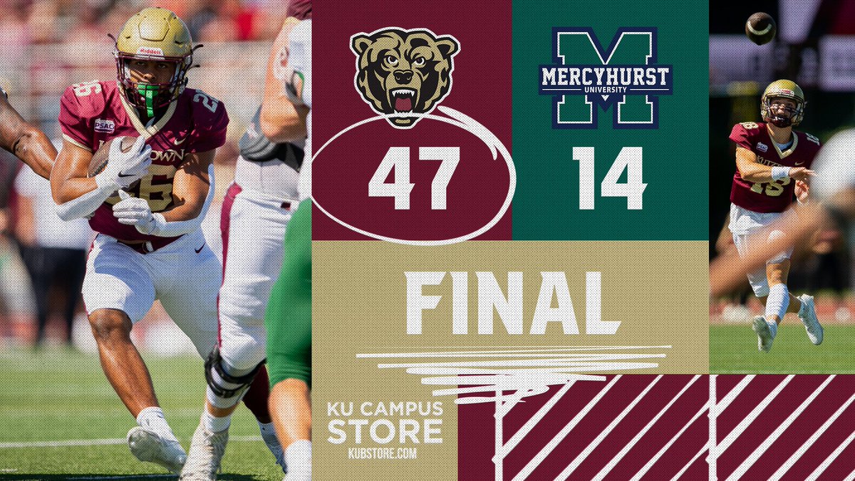 FB | <a href="/KUBearsFootball/">Kutztown Football 🐻</a> 47, Mercyhurst 14

There's no place like HOME!

Judd Novak threw for 315 yards and 2 TDs, Mekhi Gibson caught 4 passes for 157 yards and a TD, and Darryl Davis-McNeil went over 2,000 career rushing yards with 56 and 3 TDs as KU cruised in its home opener!