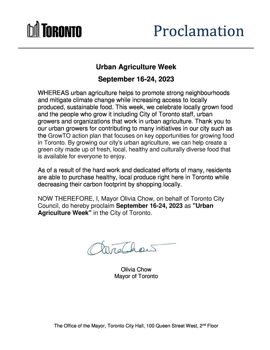 TOurbangrowers's tweet photo. Happy Toronto Urban Agriculture Week! Celebrate by thanking Mayor Olivia Chow for recognizing how growing food in the city makes a greener, healthier city! See more actions https://t.co/8mPaIxEHPI #iGrowTO https://t.co/97ROno7Ak4