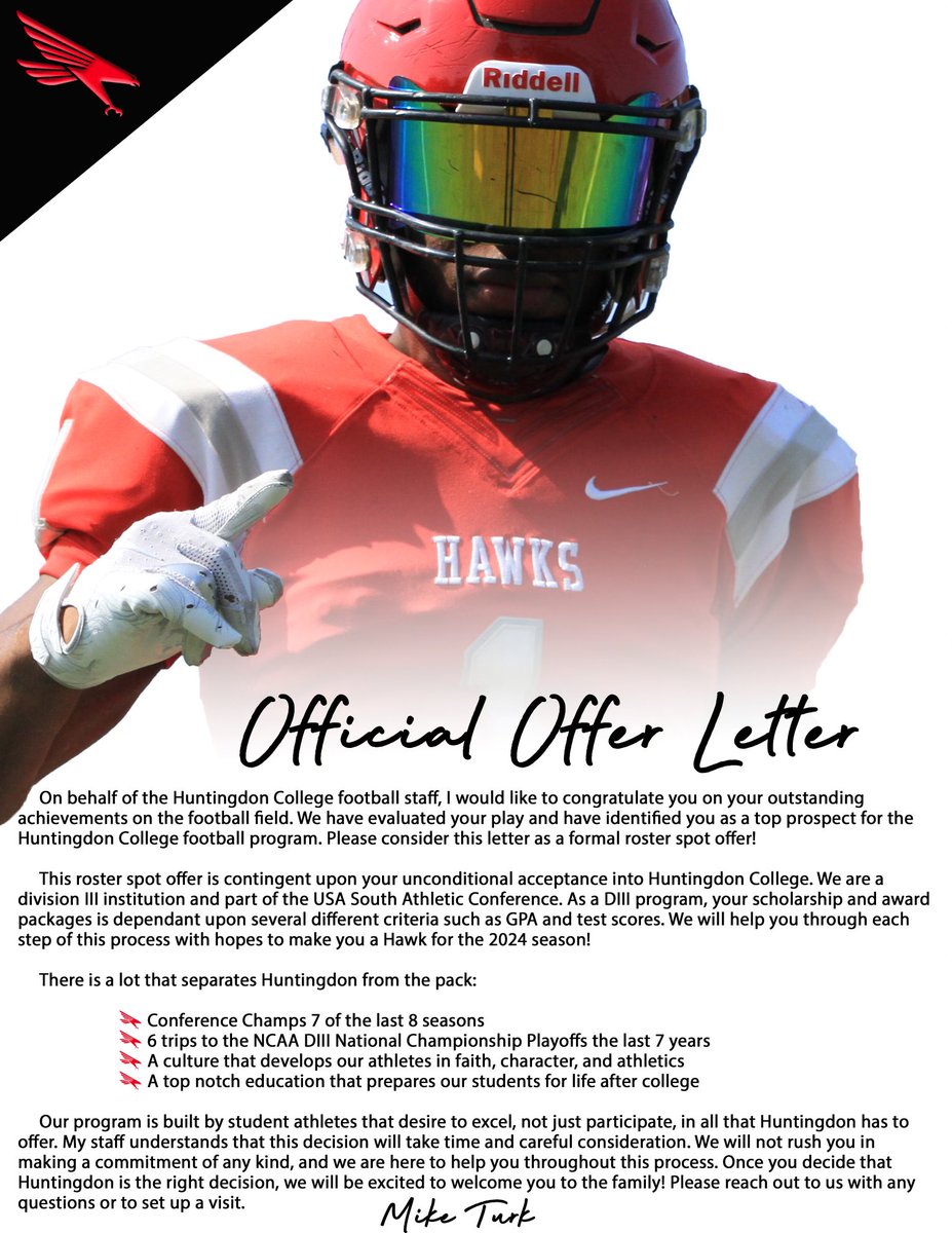 After a great talk with @CoachCDGib, I am blessed to have received an Official Offer from @HawksFootball!! @CoachMHolcomb @CoachJBowen @shankles_turner @UnLockYourGame @AL_Recruiting @HallTechSports1 @AverageJoesSpo1