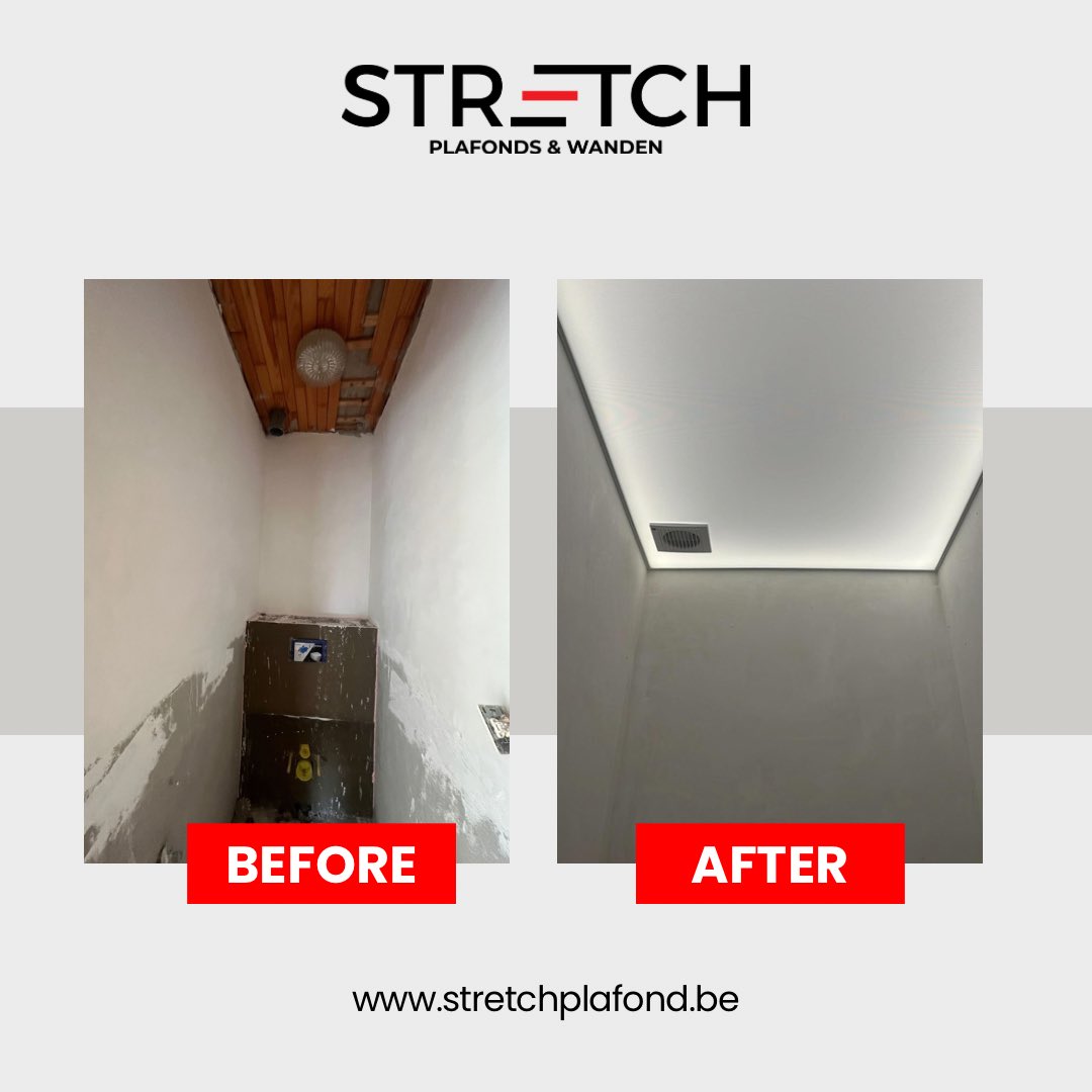 STRETCHGROUP's tweet photo. Een mooie voor en na van een plafond renovatie met ons lichtgevend spanplafond. Perfecte keuze als je eens wat anders wild in je toilet 🤩

#spanplafond #plafondrenovatie #toilet https://t.co/PUgpHxrviW