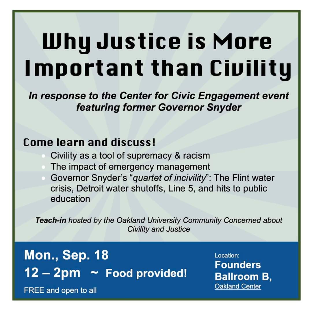 nayyirahshariff's tweet photo. So former #MI gov #RickSnyder is trying to reinvent himself using the most basic tactic, the cult of "civility". You poisoned almost 100,000 #Flint residents. Shame on you @OaklandGrizz17. We gonna remember this. Attend this instead #FlintWaterCrisis https://t.co/Wqd3oyYGrT