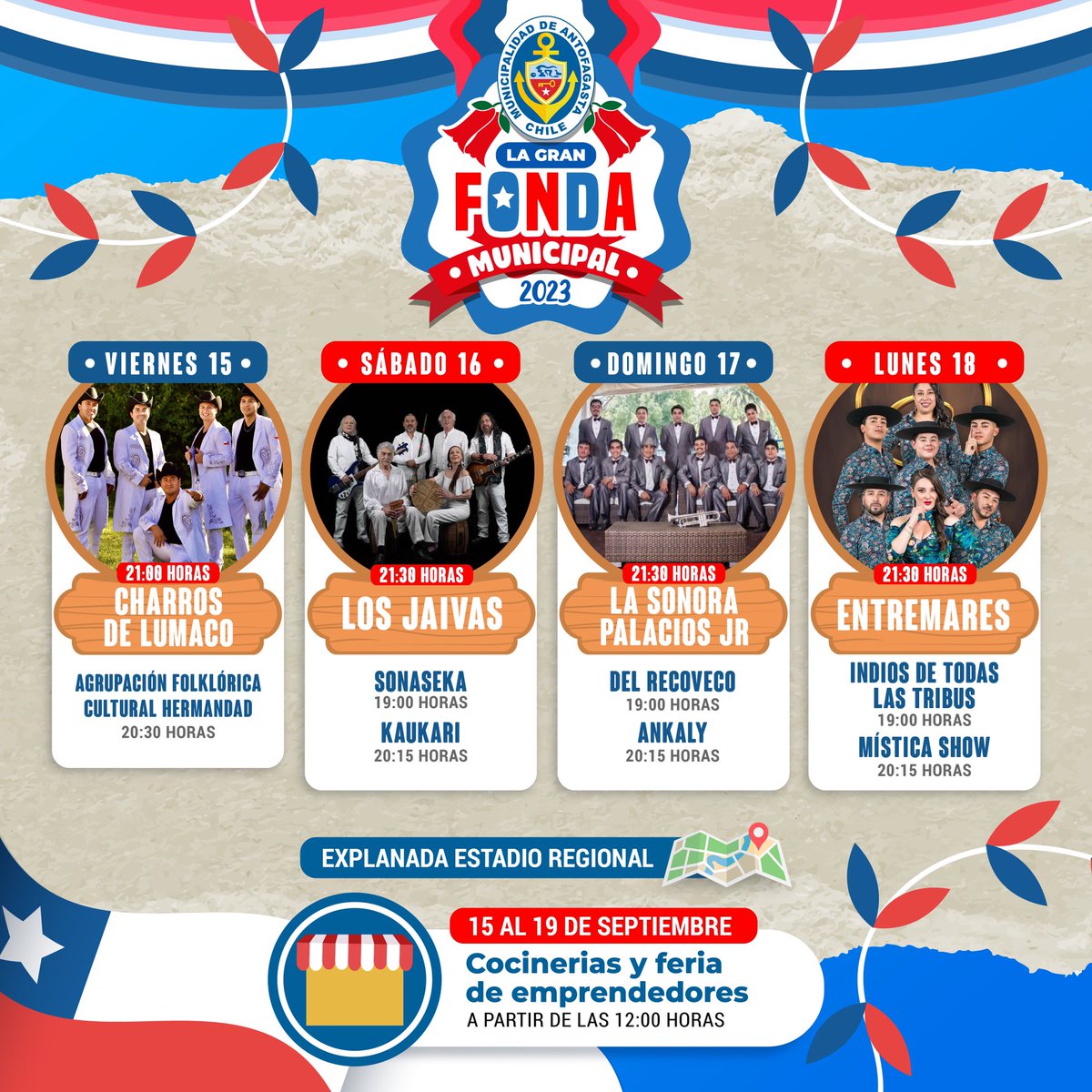 Ven en familia a disfrutar de “La Gran Fonda Municipal” 🇨🇱
Te esperamos en la explanada del Estadio Regional, a partir de las 12:00 horas ✨

¡No te la pierdas! 
#Antofagasta