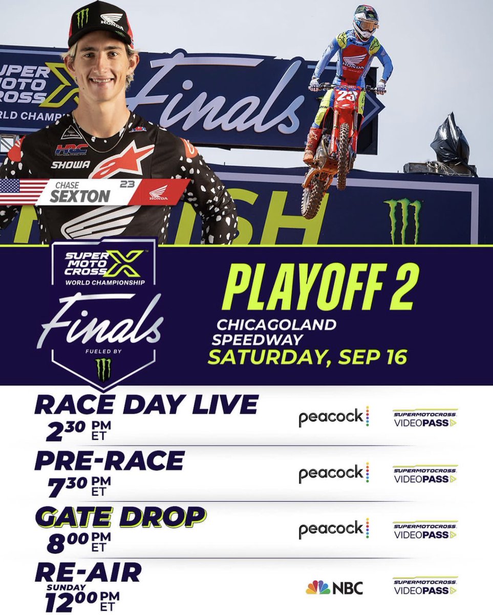 Tune in TODAY for Playoff 2️⃣ of the SMX World Championship Finals @ChicagolndSpdwy 📺 Hit the 🔗 below for all viewing options supermotocross.com #SMX #SuperMotocross