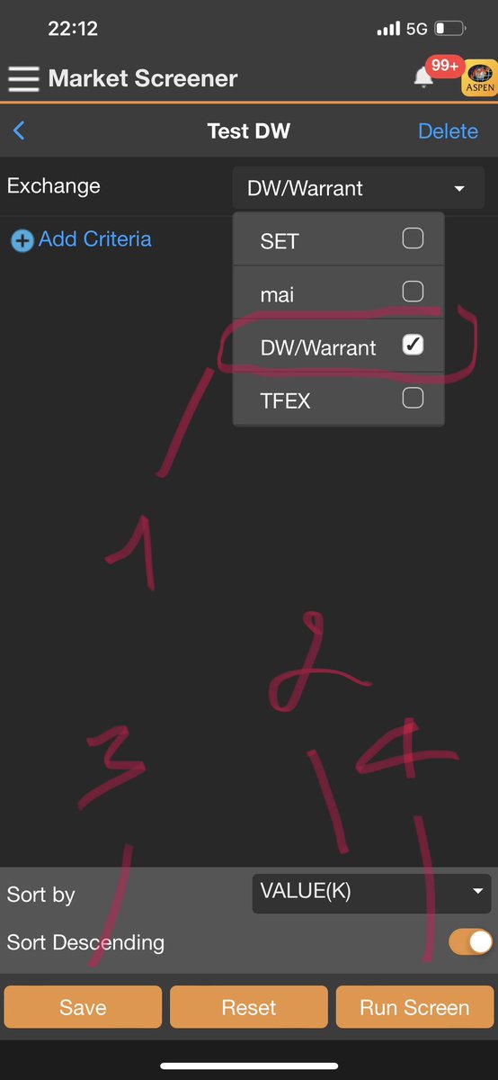 pwittaya's tweet photo. วิธีสแกนหา DW เรียงตามมูลค่าการซื้อขาย (Value) ด้วยแอป Aspen Mobile
คือ DW ไม่มีอะไรมาก  ตัวไหนคนเล่นเยอะ เราก็ตามกลิ่นเงินไปขอแจมด้วยแค่นั้นแหละ 
#เฮียสอนหุ้น https://t.co/pSaLtr3WNG