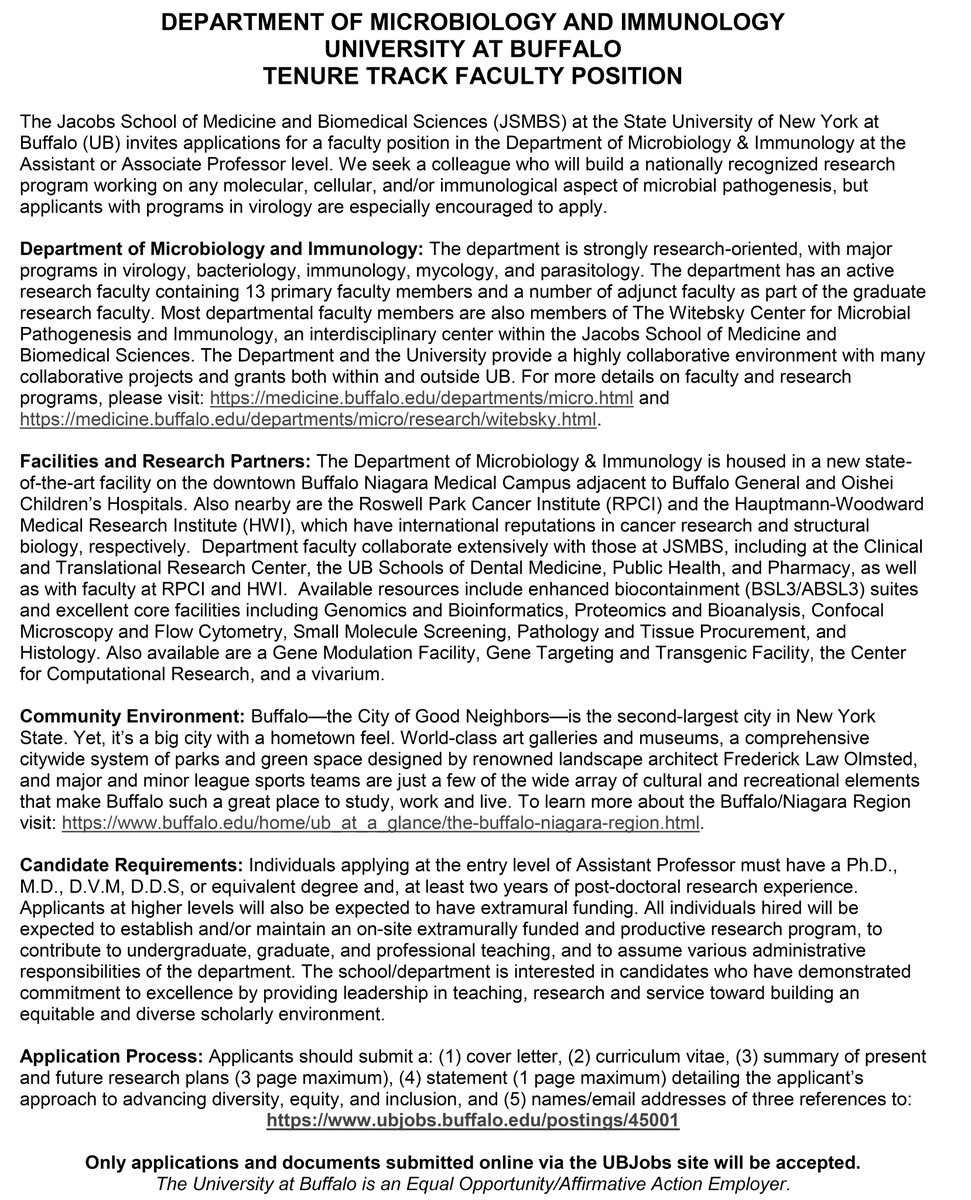 Chels_A_micro's tweet image. We're hiring! Come join our growing and collaborative department in the Jacobs School of Medicine and Biomedical Sciences. 

Tenure track Asst/Assoc Prof of Micro&amp;amp;Immuno. 
ubjobs.buffalo.edu/postings/45001

Please distribute widely: @Jacobs_Med_UB @BlackInMicro @natblackpostdoc @SACNAS