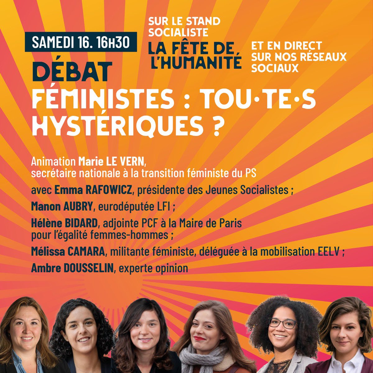 À la <a href="/FetedelHumanite/">Fête de l'Humanité</a>, <a href="/Marie_LeVern/">Marie Le Vern</a> anime le débat « Féministes : tou·te·s hystériques ? », avec <a href="/EmmaRafowicz/">Emma Rafowicz</a>, <a href="/ManonAubryFr/">Manon Aubry</a>, <a href="/Helenebidard/">Hélène Bidard</a>, <a href="/CAMARAMlissa2/">Mélissa CAMARA</a> et <a href="/ADousselin/">Ambre Dousselin</a> ! 

À suivre en direct 👉 youtube.com/live/qTlakyDgW…