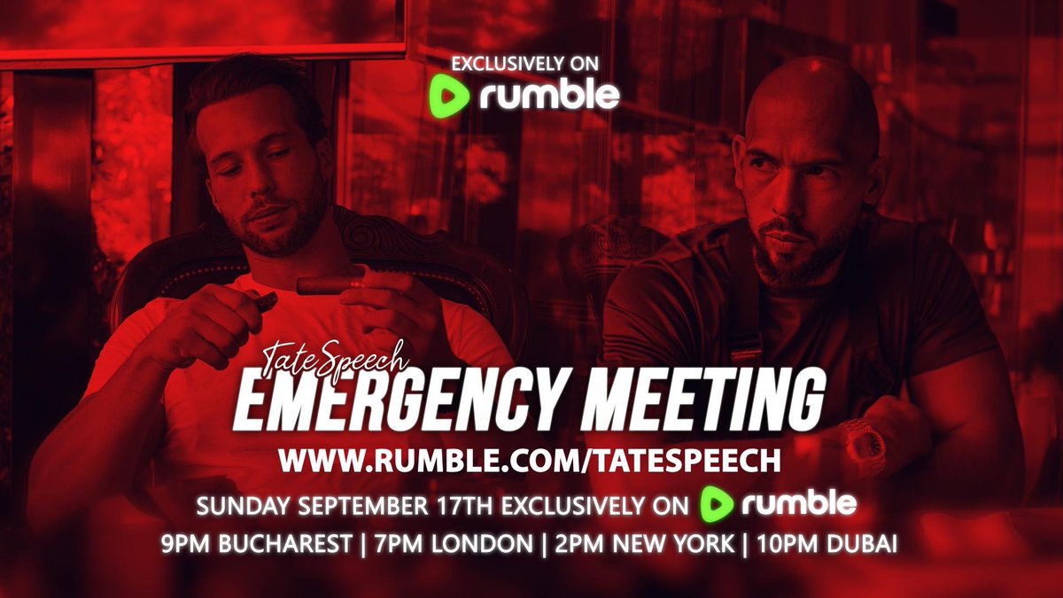 Cobratate's tweet image. EMERGENCY MEETING. ALIEN INVASION

Live tomorrow, September 17 at 9pm Bucharest time

Something big is coming.

Watch it live on Rumble:
rumble.com/v3i4r44-emerge…