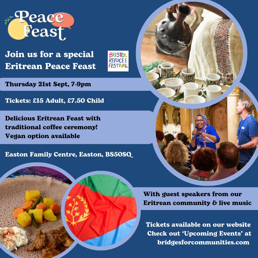 Still tickets available for our Eritrean Peace Feast this Thursday! Featuring a delicious meal by the Real Habesha (including the famous injera flatbread), a traditional coffee ceremony and guest speakers from the Eritrean community. Check out: bridgesforcommunities.com/eritrean-peace…