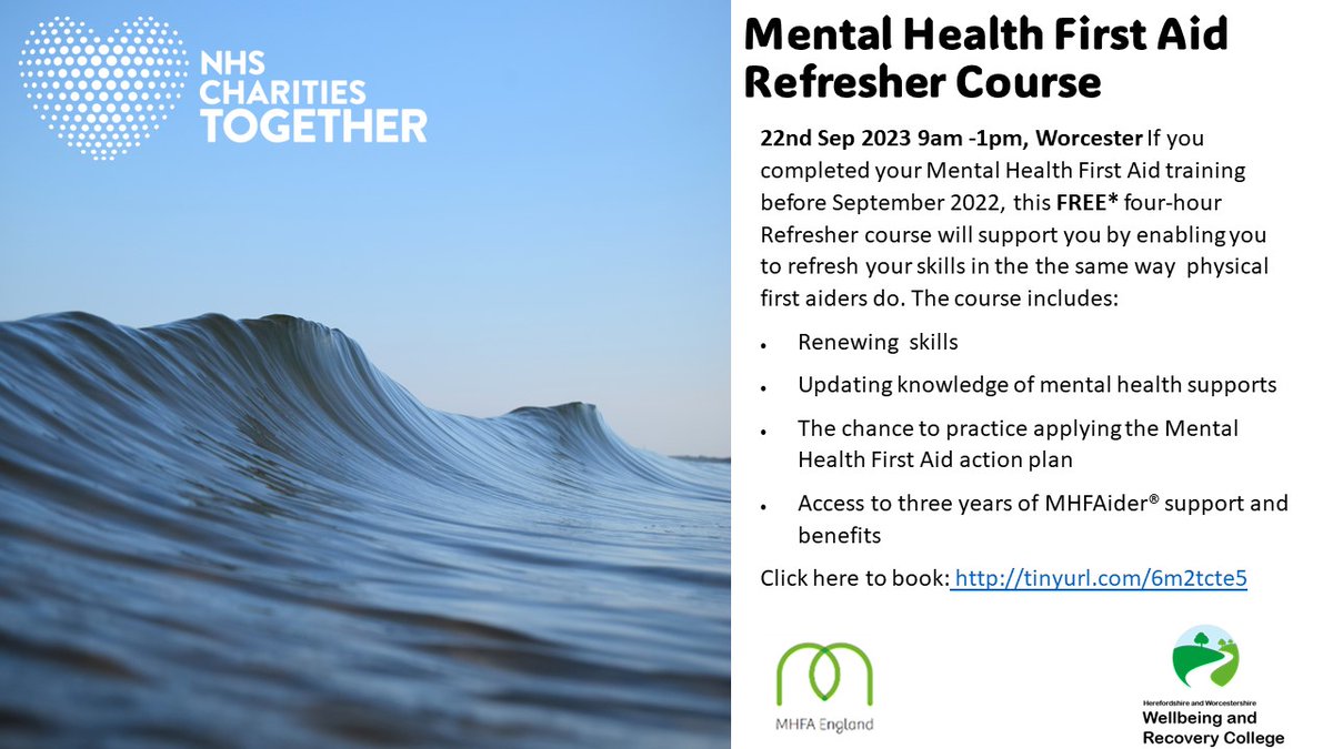Get access to the new MHFA England app and support benefits by updating your skills in this half day session, 9am - 1pm, 22nd September 2023.  To book, click here: tinyurl.com/6m2tcte5
For more information email: HW_WellbeingRecoveryCollege@comfirst.org.uk
#mentalhealth