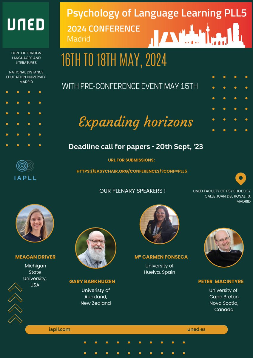 📢 #CFP 

👉 5th International Conference on Psychology in Language Learning (PLL5)

📅 16-18 May 2024
📍 Madrid  

Deadline:
⏰ 20 September  

Further information:
🔗 iapll.com/about-4-1

#AESLA #AESLA_congresos
