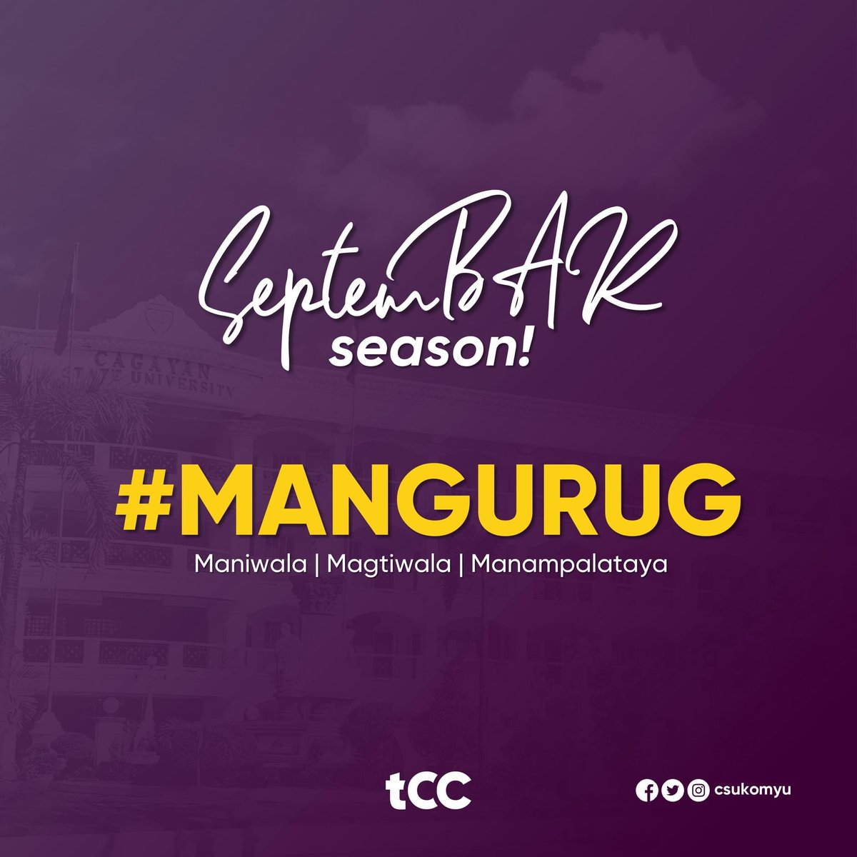 csukomyu's tweet photo. Honor has no bounds.
Among the 10,816 candidates who will take the 2023 Bar Examinations are CSUans embodying Mangurug. Tomorrow, they will start the test for justice during the first day of the exam, September 17.
-
#HernanDoIt
#BarExam2023
#YourReliableSource https://t.co/9Yy7RwcAUE