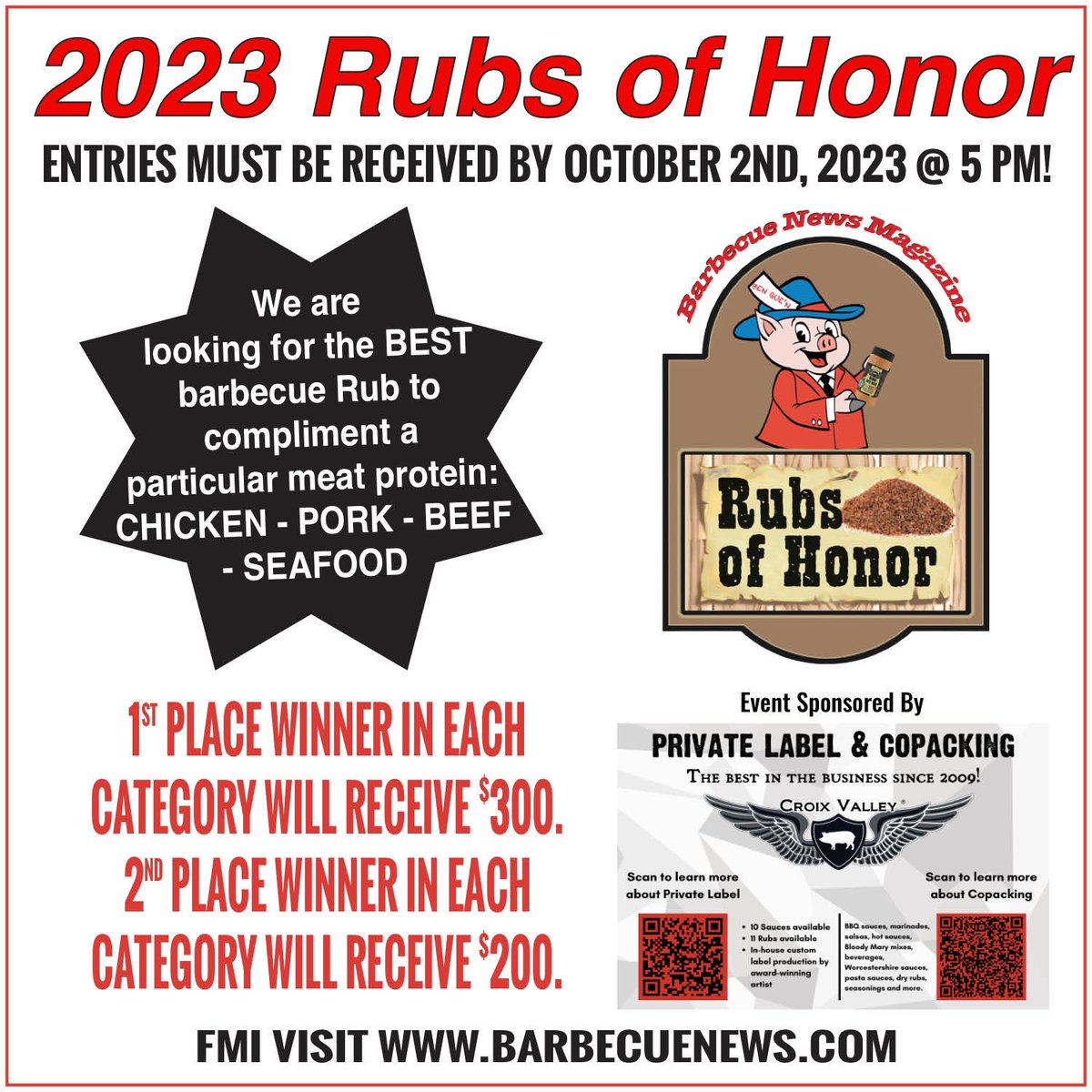 BBQNewsMagazine's tweet photo. πΆοΈπ₯ Calling All Flavor Enthusiasts: Rubs of Honor 2023 Contest Entry Deadline Approaching Rapidly! Entries must be RECEIVED by Oct. 2, 2023 at 5:00 PM! π₯πΆοΈ
FMI visit: https://t.co/kvbTVdX749
Event Sponsored By: Croix Valley
#RubsOfHonor #2023RubsOfHonor #BarbecueNews #KellYeah https://t.co/vueMfcrnPC