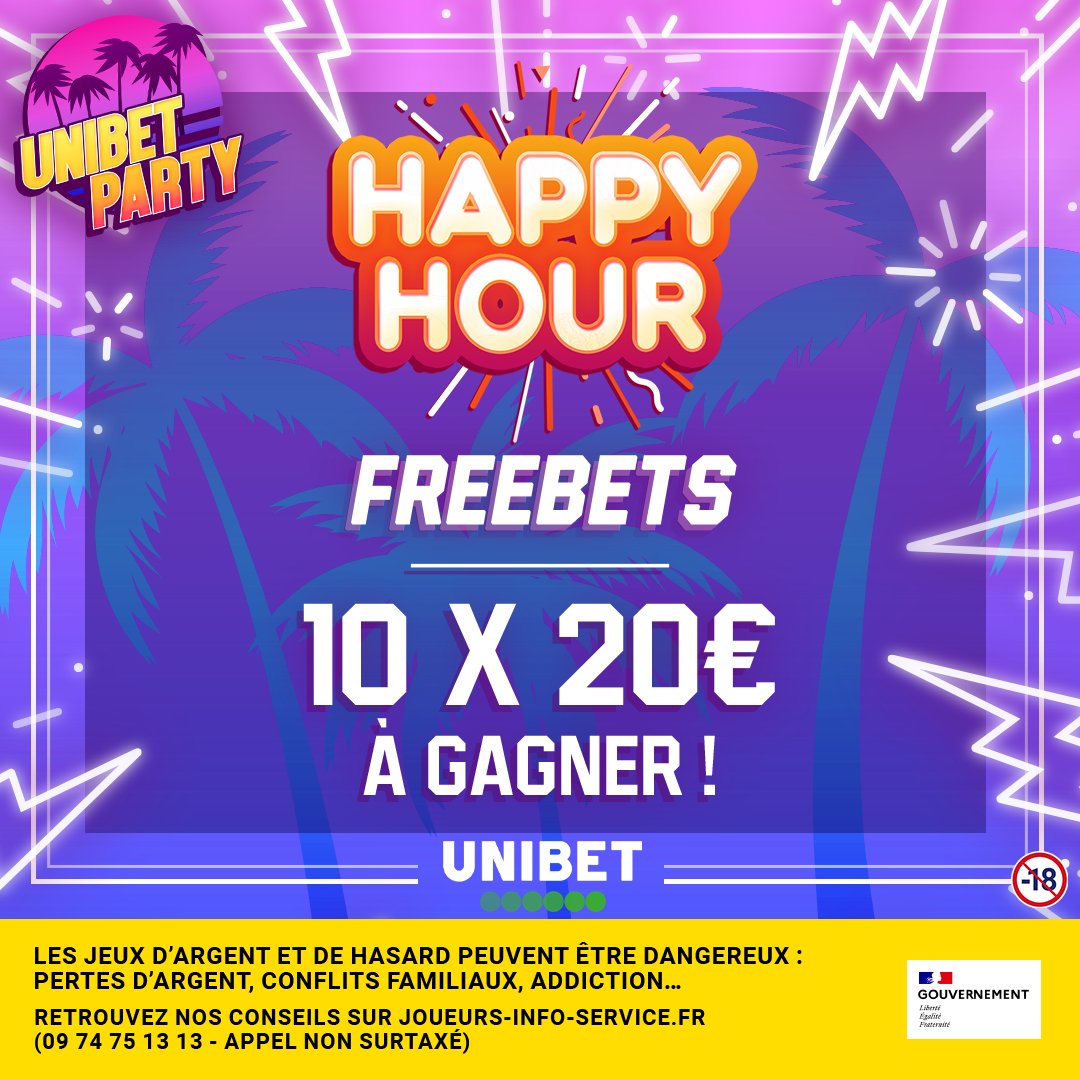 UnibetFrance's tweet photo. 💁‍♂️ Quelqu'un a commandé des Freebets ?

🤑 On poursuit l'Happy Hour avec 10 x 20€ de Freebets à gagner !

👉 RT + #UnibetParty + ton pseudo. https://t.co/mGtZrN5tB7