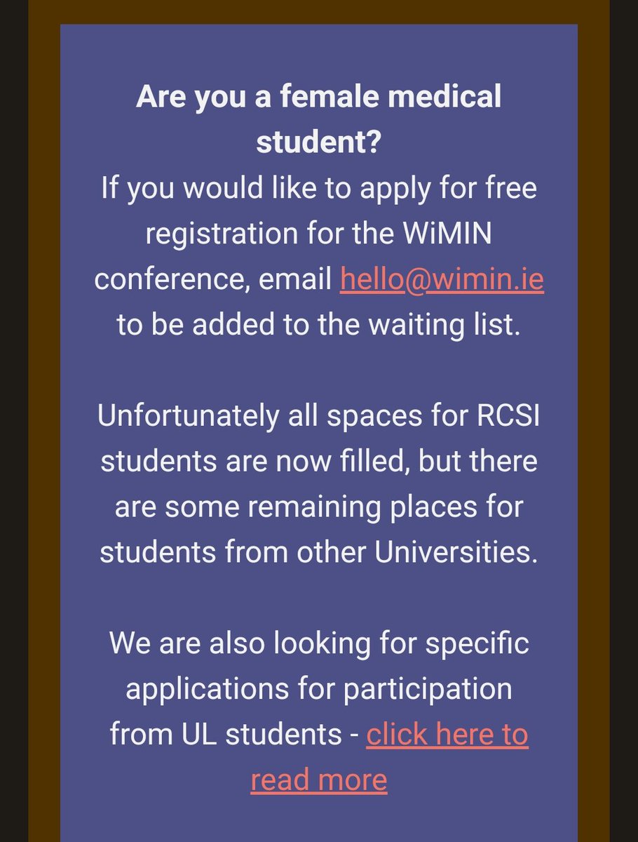 If you're a medical student and would like to attend the @WomenMedIreland conference on October 7th, there are still a few free student places available. #studentperks #wimin