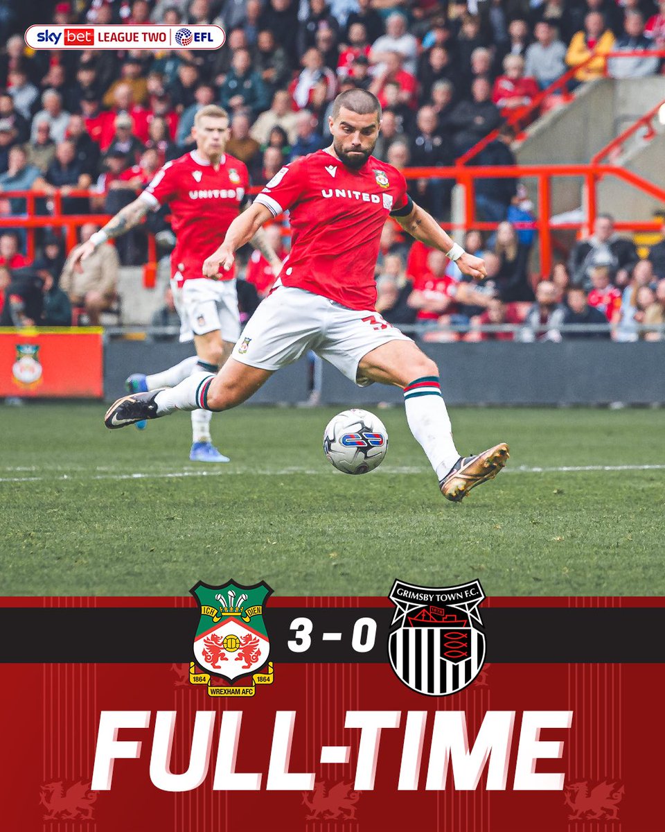 Wrexham_AFC's tweet photo. FULL TIME | Wrexham AFC 3-0 Grimsby Town 

🔘 A dominant home display 💪

🔴⚪️ #WxmAFC https://t.co/6CV3htwBH5