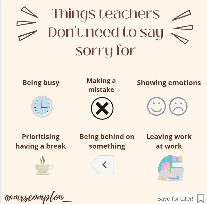 EdSupportUK's tweet photo. No need to apologise! Some nice reminders from @_Mrscompton 🤗

If you need support we’re here for you. You can call our free and confidential helpline at any time.

📞 08000 562 561. Call us, we’ll listen.

#LoveTeaching #Teachers #TeacherWellbeing https://t.co/LDDHgETx5j