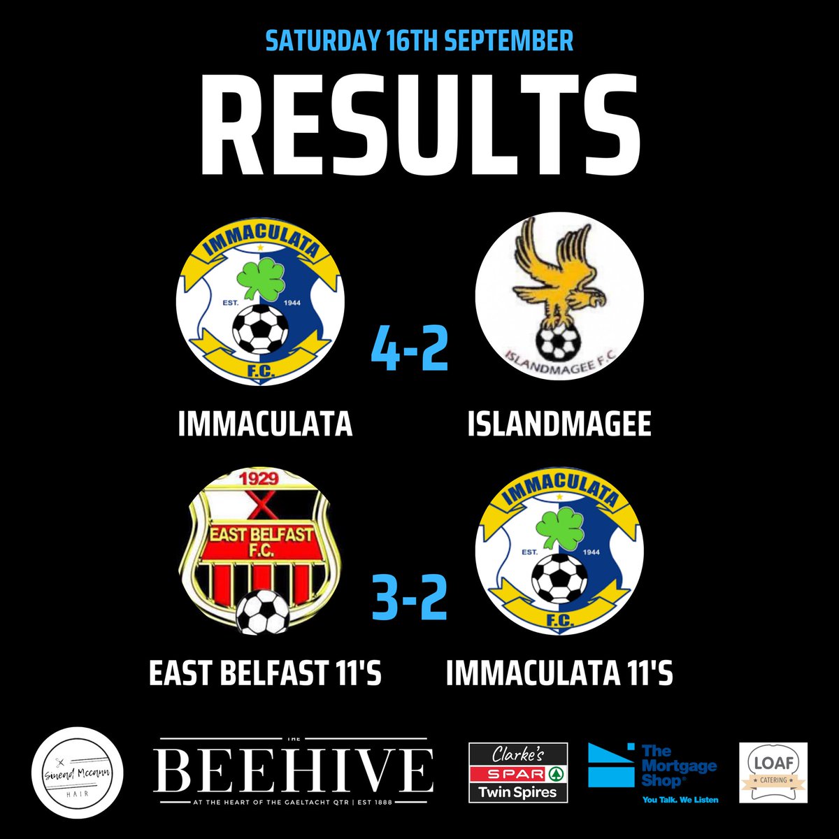 RESULTS - 16th September ‘23 ⚽️👇 As always many thanks to our committed sponsors! #GOTM 💙