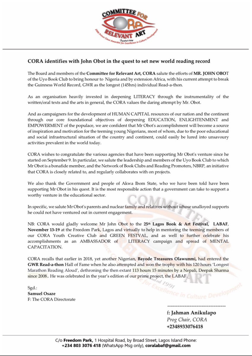 Delighted to announce that the Committee for Relevant Art (CORA) has named <a href="/johnnieobot/">John Obot</a> AMBASSADOR OF LITERACY.
#ReadMania