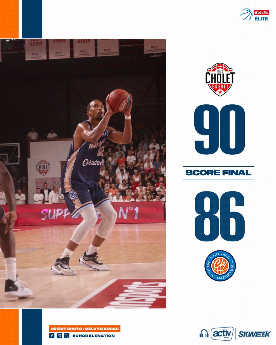 ChoraleRoanne's tweet photo. Fin du match | Cholet 90-86 Chorale

Malgré un retour à une possession dans la dernière minute, la Chorale s'incline ce soir à Cholet
On se donne rendez-vous à la Halle samedi 23 septembre à 18h30 face à Nancy !

 #ChoraleNation #BetclicELITE #CBCHO https://t.co/e574LXRy0A