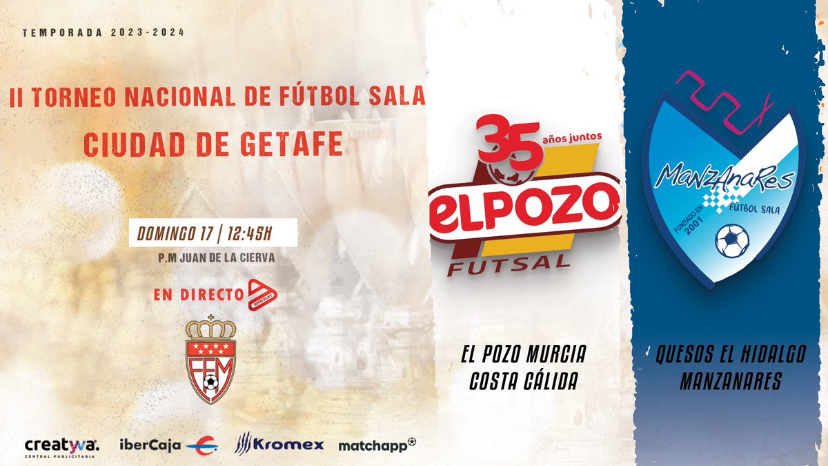 Comité de Fútbol Sala - RFFM (@rffm_futbolsala) on Twitter photo II Torneo Nacional de Fútbol Sala Ciudad de Getafe
🗓️17/09/23 (3º y 4º)
⌚️10:30hrs
⚔️ <a href="/CordobaFutsal/">Córdoba Patrimonio de la Humanidad</a> - <a href="/InterMovistar/">Movistar Inter FS</a>
youtube.com/live/iN_DQevGl…
⌚️12:45hrs (FINAL)
⚔️ <a href="/ElPozoMurcia_FS/">ElPozo Murcia Costa Cálida FS</a> - <a href="/ManzanaresFS/">ManzanaresFútbolSala</a>
youtube.com/live/n6U1u-bLR…
📺Todo el torneo en directo
👉 RFFMPLAY II Torneo Nacional de Fútbol Sala Ciudad de Getafe
🗓️17/09/23 (3º y 4º)
⌚️10:30hrs
⚔️ <a href="/CordobaFutsal/">Córdoba Patrimonio de la Humanidad</a> - <a href="/InterMovistar/">Movistar Inter FS</a>
youtube.com/live/iN_DQevGl…
⌚️12:45hrs (FINAL)
⚔️ <a href="/ElPozoMurcia_FS/">ElPozo Murcia Costa Cálida FS</a> - <a href="/ManzanaresFS/">ManzanaresFútbolSala</a>
youtube.com/live/n6U1u-bLR…
📺Todo el torneo en directo
👉 RFFMPLAY