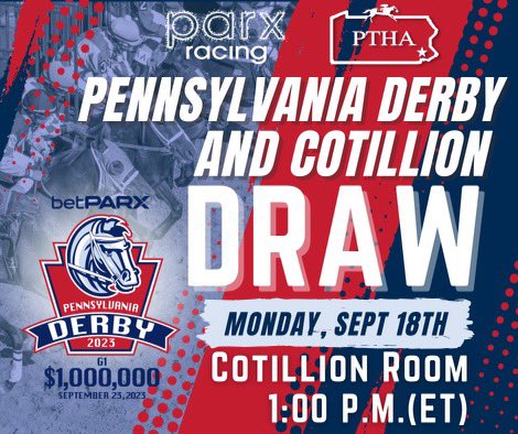 We are one week away from the G1 $1,000,000 @betPARX Pennsylvania Derby & G1 $1,000,000 Cotillion Stakes.Come out to @parxracing on Saturday,Sept. 23rd! The fields and post positions will be drawn Monday@ 1:00pm.(ET) @PTHA17 @jmpaquette @PennHorseRacing @PA_PHBA