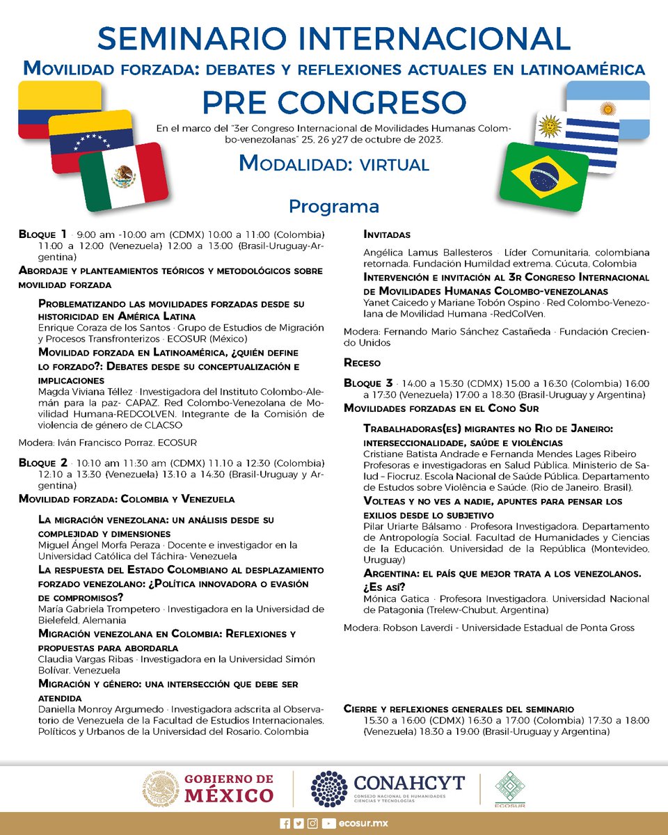 Acompáñanos este lunes 18/09 al Seminario Internacional "Movilidad Forzada: debates y reflexiones actuales en Latinoamérica", donde contaremos con bloques sobre abordajes y planteamientos teóricos y metodológicos, el desplazamiento forzado venezolano en Colombia y el Cono Sur👇
