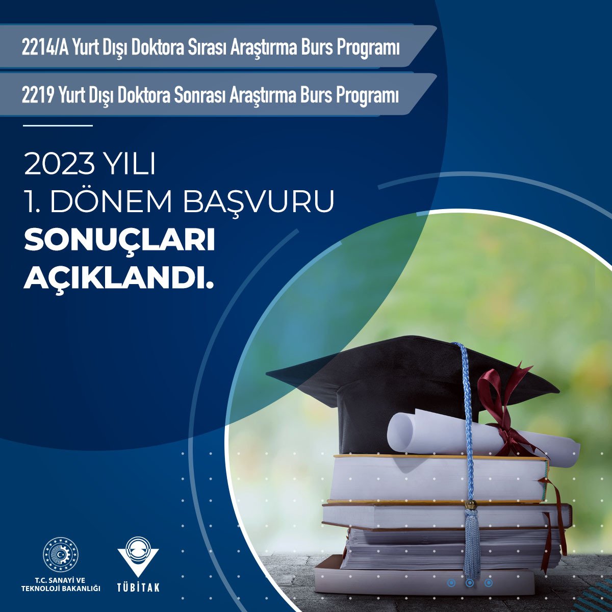 2214/A Yurt Dışı Doktora Sırası Araştırma Burs Programı ve 2219 Yurt Dışı Doktora Sonrası Araştırma Burs Programı 2023 yılı 1. dönem başvuru sonuçları açıklandı. 

Doktora öğrencilerimizin ve doktora sonrası araştırmacılarımızın kariyer yolculuklarında yanlarında olmaya devam
