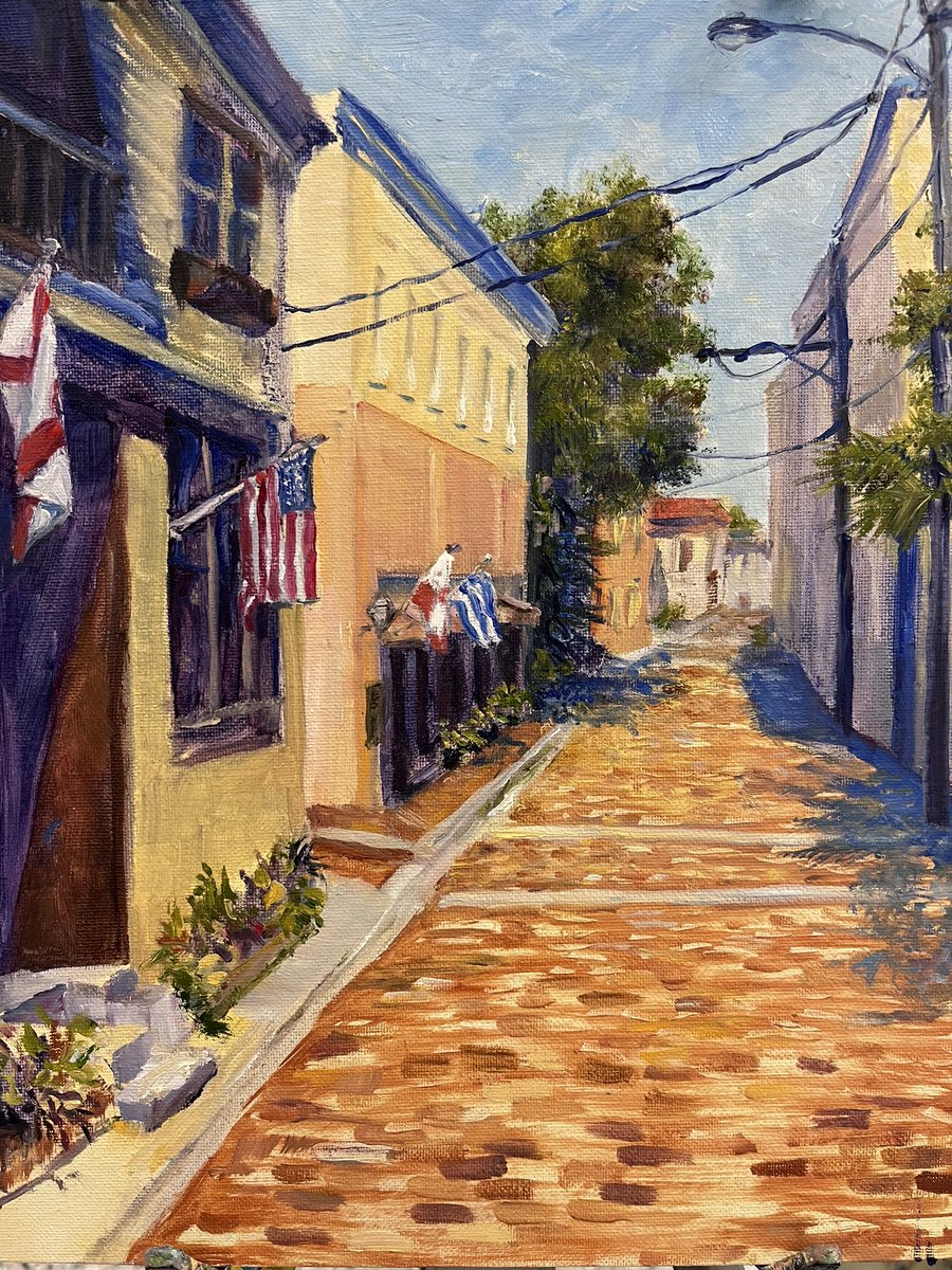 LSlayden's tweet photo. Back at work in St Augustine Art Association today, should finish this street scene of  our #ancientcity #Staugustine today #oilpainting #wip https://t.co/DlP4mrisoh