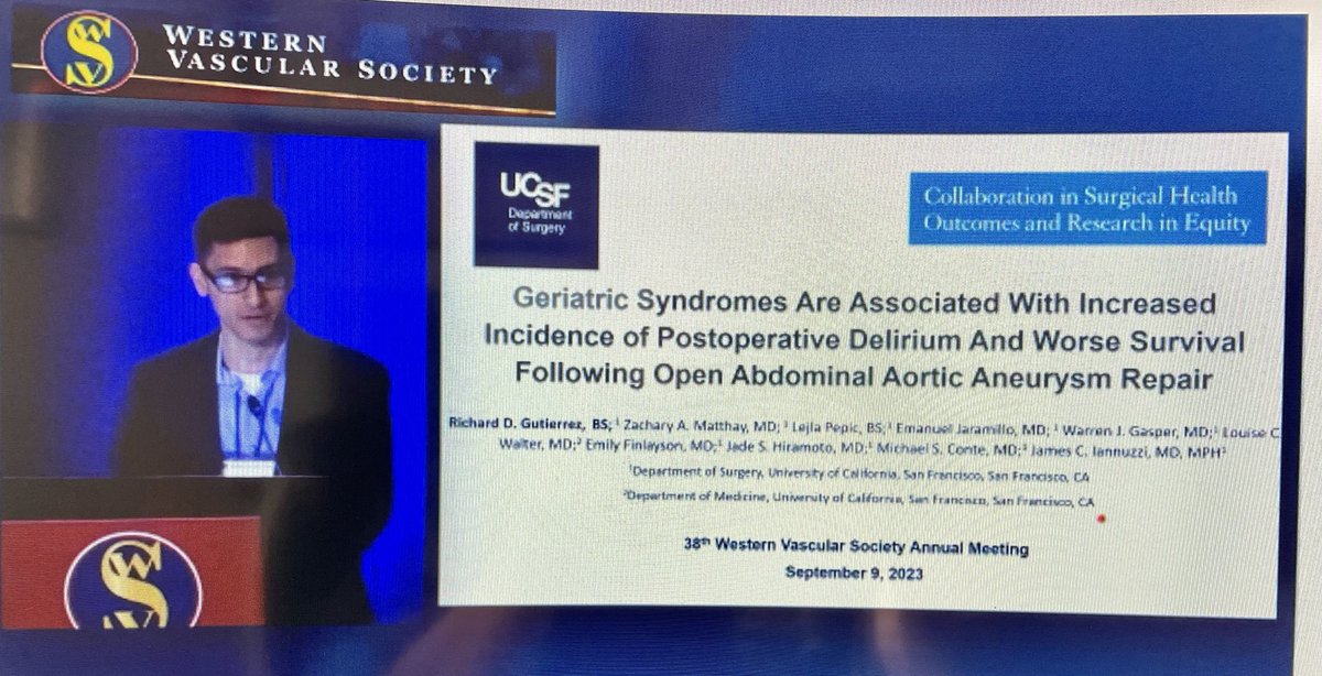 Congratulations to Richard Gutierrez on his winning Rapid Fire Presentation! Western Vascular Society is known for the incredible research presented at our annual meeting. Be sure to consider submitting manuscripts to the JVS for all presentations. @James_Iannuzzi @UCSFvascular