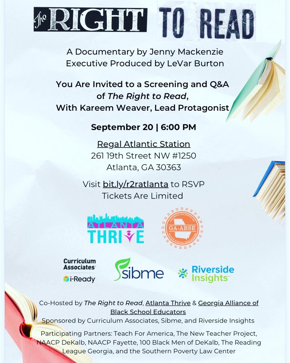 readingleaguega's tweet photo. Atlanta! Do not miss these 2 opportunities this week to see The Right To Read film! 9/19 at Morehouse College and 9/20 at Atlantic Station! https://t.co/8YbzpuPLeE