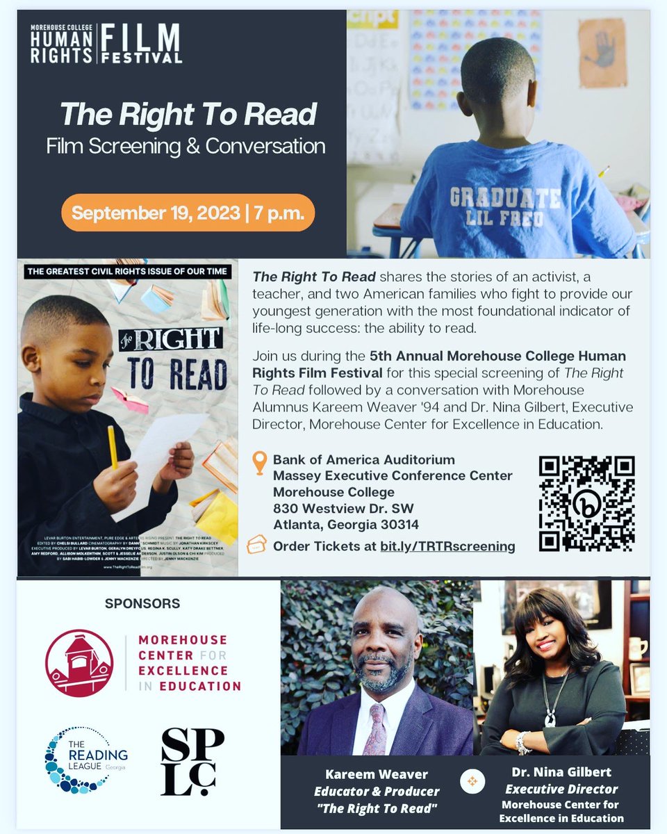 readingleaguega's tweet photo. Atlanta! Do not miss these 2 opportunities this week to see The Right To Read film! 9/19 at Morehouse College and 9/20 at Atlantic Station! https://t.co/8YbzpuPLeE