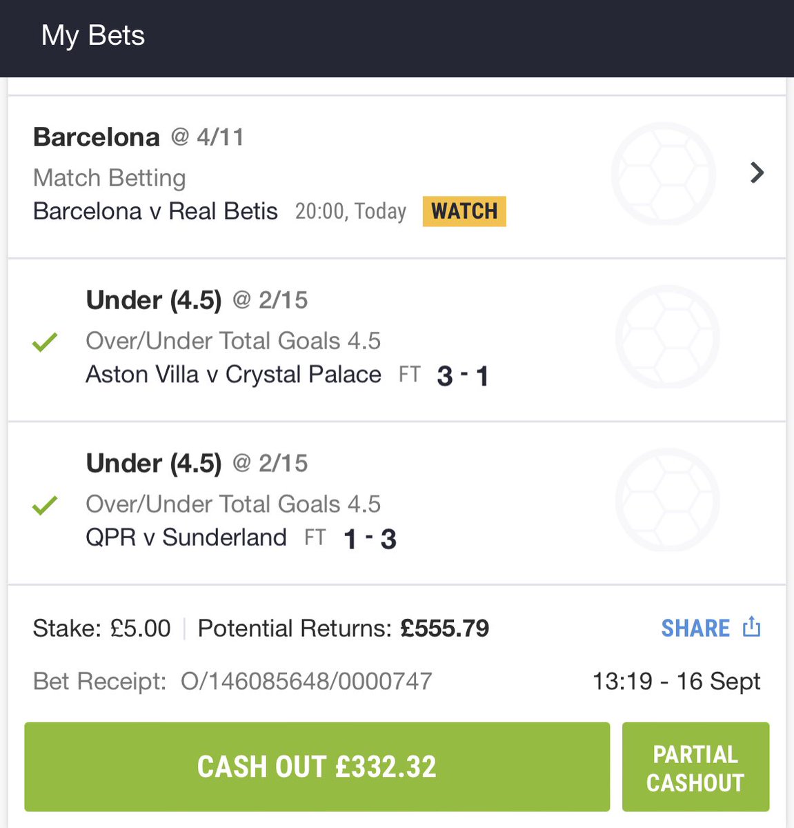 DeadIsVinyl's tweet photo. @AndyRobsonTips @mattyroberts96 Cash out or Ride - £555 from £5 bet if Barcelona win https://t.co/PhBs999h5W