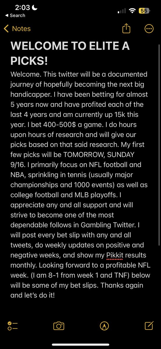 Please read below and welcome to my Twitter!

First picks will be tomorrow, Sunday, September 16 in NFL week 2. Below I will be posting my picks from week 1 NFL and showing my results as well as my September Pikkit

#GamblingTwitter #NFL #SportsBetting #EliteAPicks