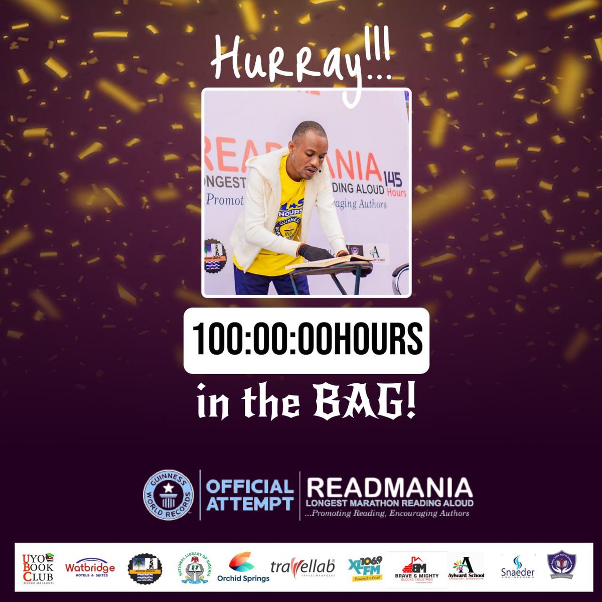 The 100-hour mark bagged
Bring on 45!!
Impossible Is Nothing!!!
We are proud of you, <a href="/johnnieobot/">John Obot</a> 
#KeepReadingJohnny

#Readmania
#JohnObotReadsAloud 
#AkwaIbomTwitter