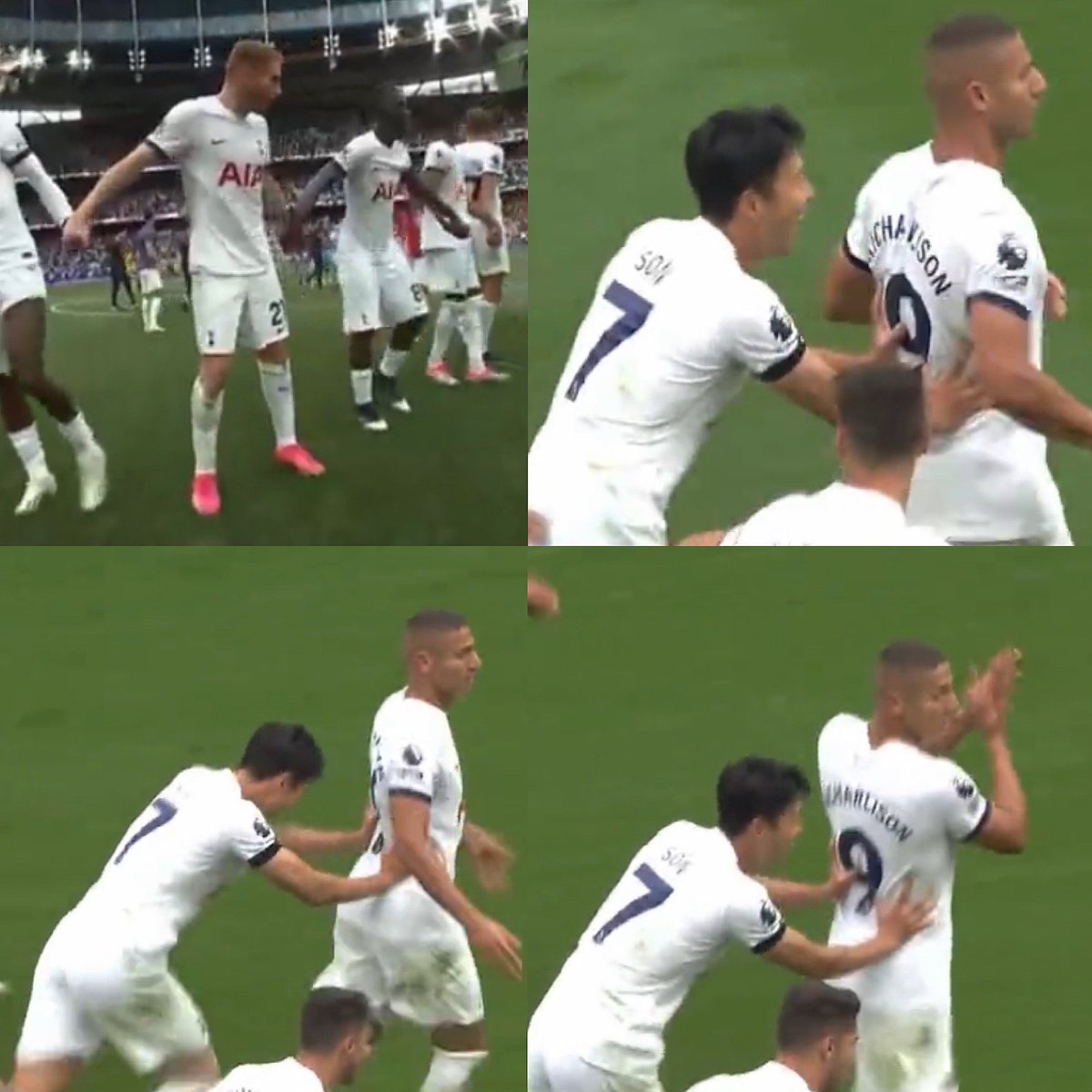 Juezcentral's tweet photo. Momentazo espectacular tras el Tottenham-Sheffield.

El Tottenham perdía 1-0. Al minuto 80 entra Richarlison, que en 15 minutos, anota y asiste para la remontada 2-1 de su equipo. Al final, cuando el equipo se reúne para aplaudir a la hinchada, el capitán Son lleva a Richi al centro para que lo ovacionen. Richarlison lleva meses siendo criticado por sus pocos goles con Brasil y Tottenham (sólo 1 en Premier la temporada pasada). 

Y Son sabe lo importante que es el apoyo de la hinchada para los suyos cuando las cosas no van bien. Un crack Richi y un capitanazo Son.