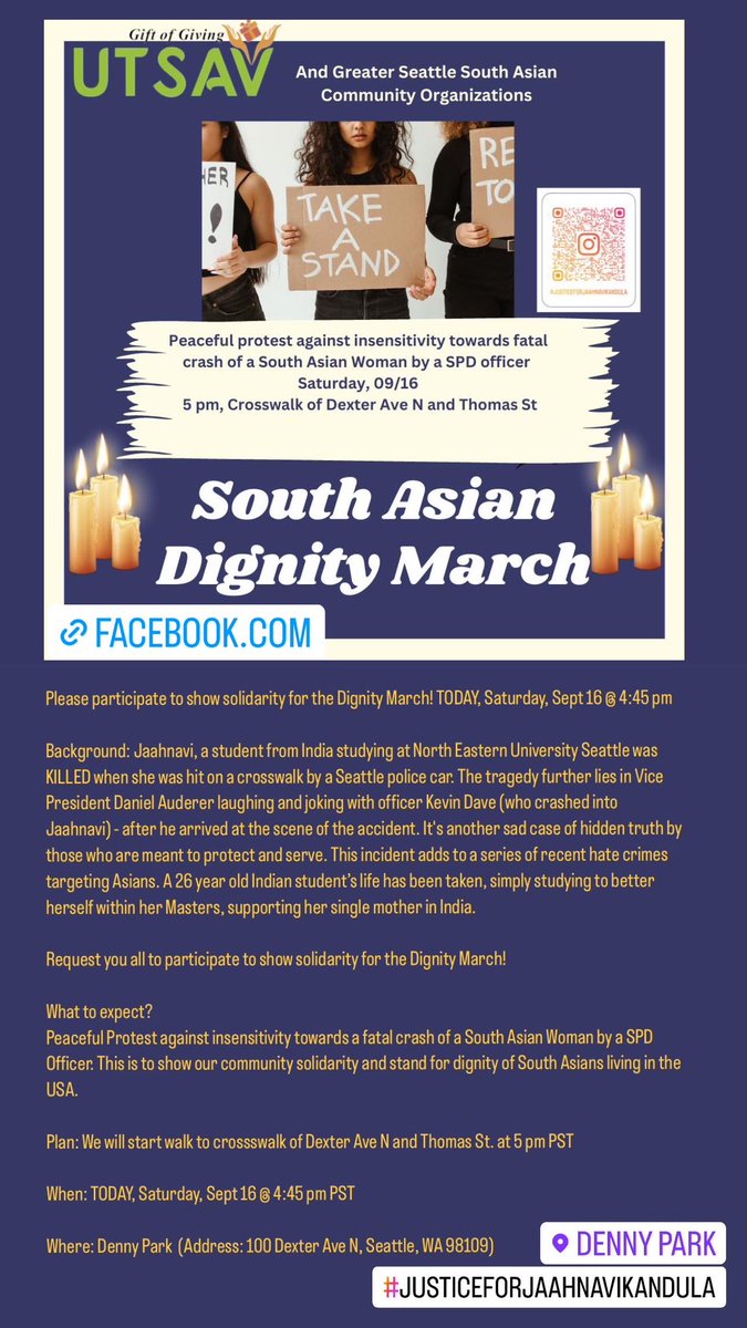 rohanisbusy's tweet image. Dignity March 🪧🙏

Please participate to show solidarity for Jaahnavi who was KILLED by a Seattle police car

Saturday, Sep 16 @ 4:45 pm PST 
Denny Park, Seattle

#JusticeforJaahnaviKandula 
#seattle 

@KIRO7Seattle 
@seattletimes 
@SeattlePD 
@nytimes 
@washintonpost 
@nypost
