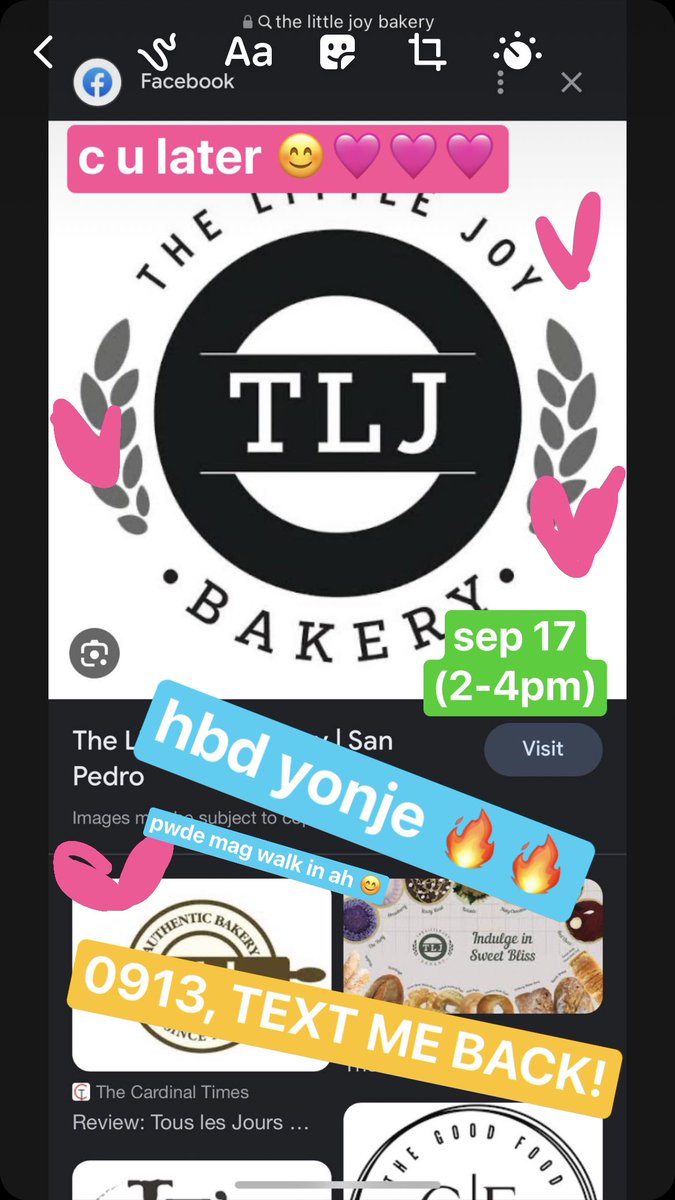 c u later p0eHwz hehe the little joy bakery (araneta, cubao) 2-4pm 🩷🩷🩷

(tinamad muna kame gumawa ng pubmat) 🫰🫰🫰

#0913TEXTMEBACK #L4bYu3hwY0nj3HbD #현재