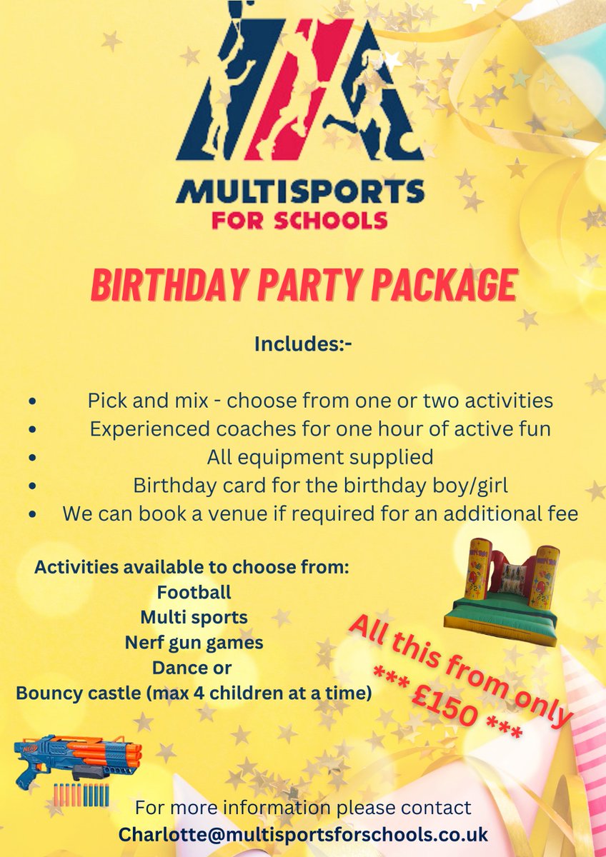 Multisports for schools (@multisportss) on Twitter photo Are you struggling for that perfect sports/active birthday. <a href="/MultisportsS/">Multisports for schools</a> parties are an hour packed with fun and games to keep your guests active, having fun and getting them ready for the all important food
contact our booking team - charlotte@multisportsforschools.co.uk Are you struggling for that perfect sports/active birthday. <a href="/MultisportsS/">Multisports for schools</a> parties are an hour packed with fun and games to keep your guests active, having fun and getting them ready for the all important food
contact our booking team - charlotte@multisportsforschools.co.uk