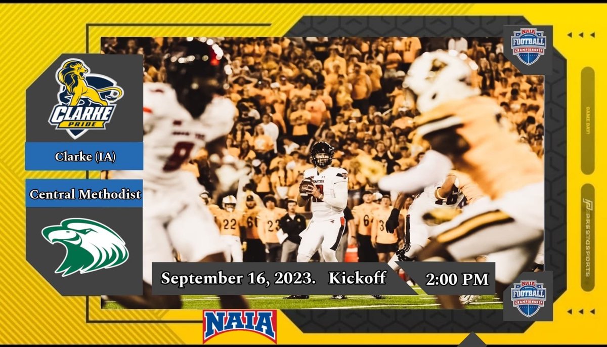 NAIA_Network's tweet photo. NAIA Football Central Methodist Vs. Clarke (IA)
Saturday. September 16, 2023
Kickoff 2:00 PM
Dalzell Field | Dubuque, Iowa
Live Stream: https://t.co/MSnVsUSUvy

@cmueaglesFB @cmueagles @CoachBillLang @CoachCoopGross @ClarkeAthletics @ClarkePrideFB @ClarkeU https://t.co/508DPjS9yb