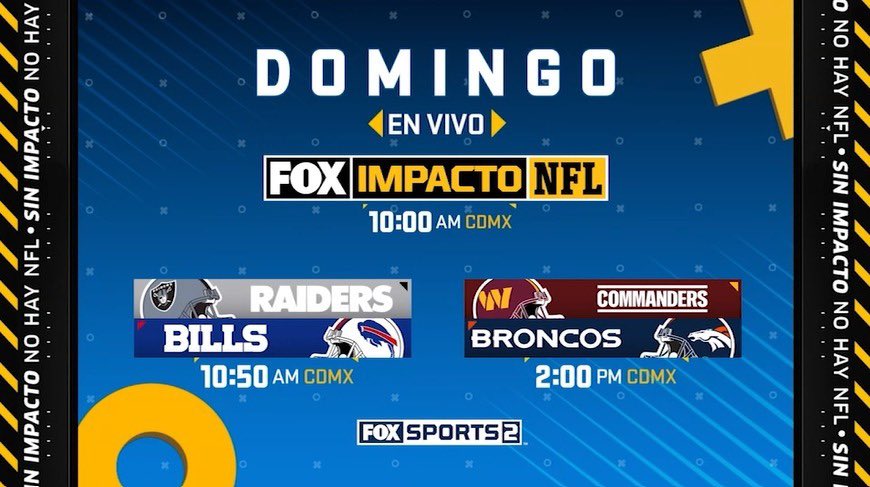 DanyLimonMX's tweet photo. #NFLGeeks aquí la programación de @nflmx en @FOXSportsMX Espectaculares partidos nos esperan
Arrancando con @FOXImpactoNFL a las 10:00 am
11:00
FS1 #ChiefsKingdom #DUUUVAL
FS2 #RaiderNation #BillsMafia
2:00
FS1 #TakeFlight #DallasCowboys
FS2 #HTTC #BroncosCountry https://t.co/r6pP1Kjvmt