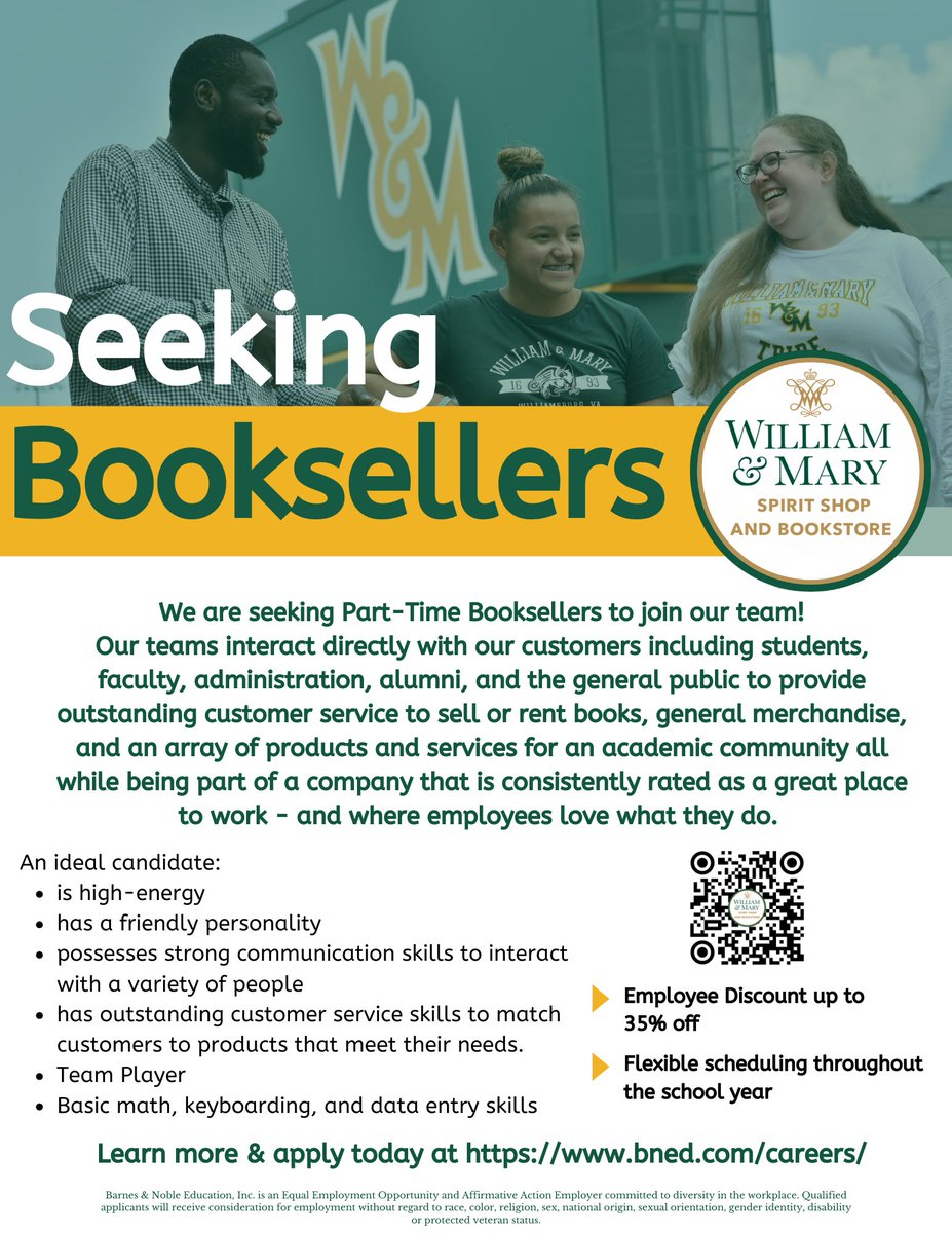 Now Hiring! Need a fun and cool job! Apply Today! #williamandmary #wm #BN #barnesandnoble #bookstore #bncollege