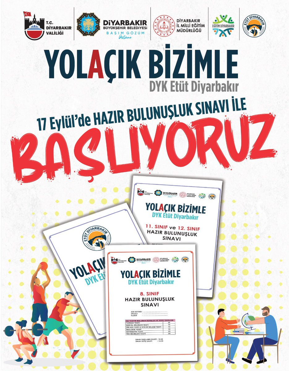 DYK HAZIRBULUNUŞLUK SINAVI❗

 DYK ETÜT DİYARBAKIR kapsamında, kurslarımıza devam eden 8, 11, 12. sınıf ve mezun öğrencilerimize yönelik “DYK Hazırbulunuşluk Sınavı” gerçekleştirilecek
🗓17 Eylül 2023 Pazar
⏰10.00
📍Kurs Merkezi Okullarımız
<a href="/Murat4Kucukali/">Murat Küçükali</a> <a href="/ideaziz1/">Mehmet Aziz İDE</a>
<a href="/CinarMEM21/">Çınar İlçe Milli Eğitim Müdürlüğü</a>