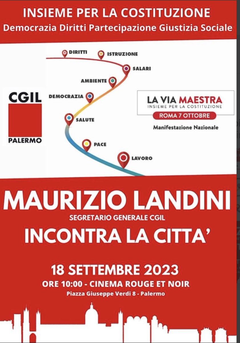 CGILPalermo's tweet photo. Lunedì #18settembre Maurizio Landini a Palermo per
l’iniziativa “Insieme per la Costituzione”. Il segretario #Cgil incontra lavoratrici e lavoratori, associazioni e movimenti, partecipa all’assemblea con i vigili del fuoco, partecipa all’inaugurazione della Casa dei #Rider. https://t.co/CTqcdIsH0S