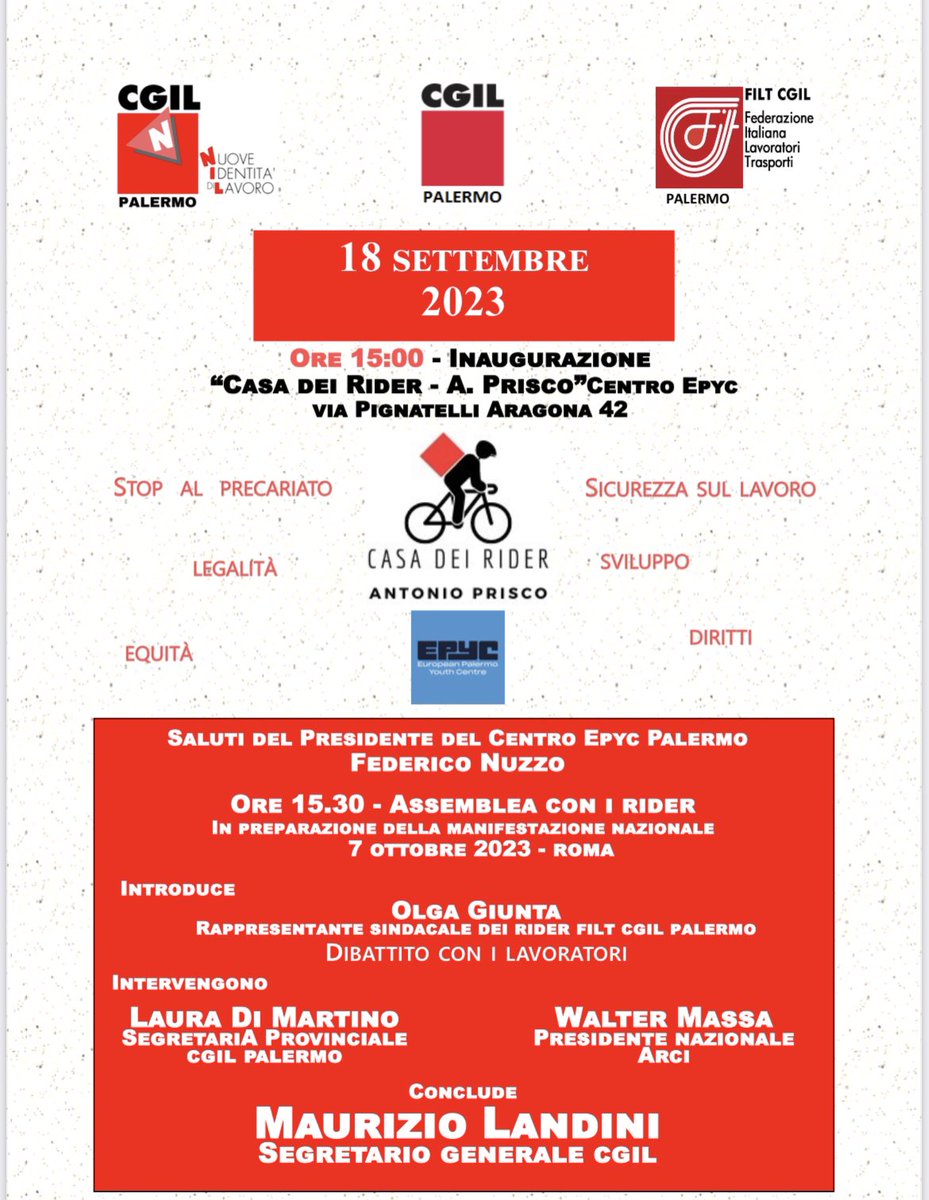 CGILPalermo's tweet photo. Lunedì #18settembre Maurizio Landini a Palermo per
l’iniziativa “Insieme per la Costituzione”. Il segretario #Cgil incontra lavoratrici e lavoratori, associazioni e movimenti, partecipa all’assemblea con i vigili del fuoco, partecipa all’inaugurazione della Casa dei #Rider. https://t.co/CTqcdIsH0S