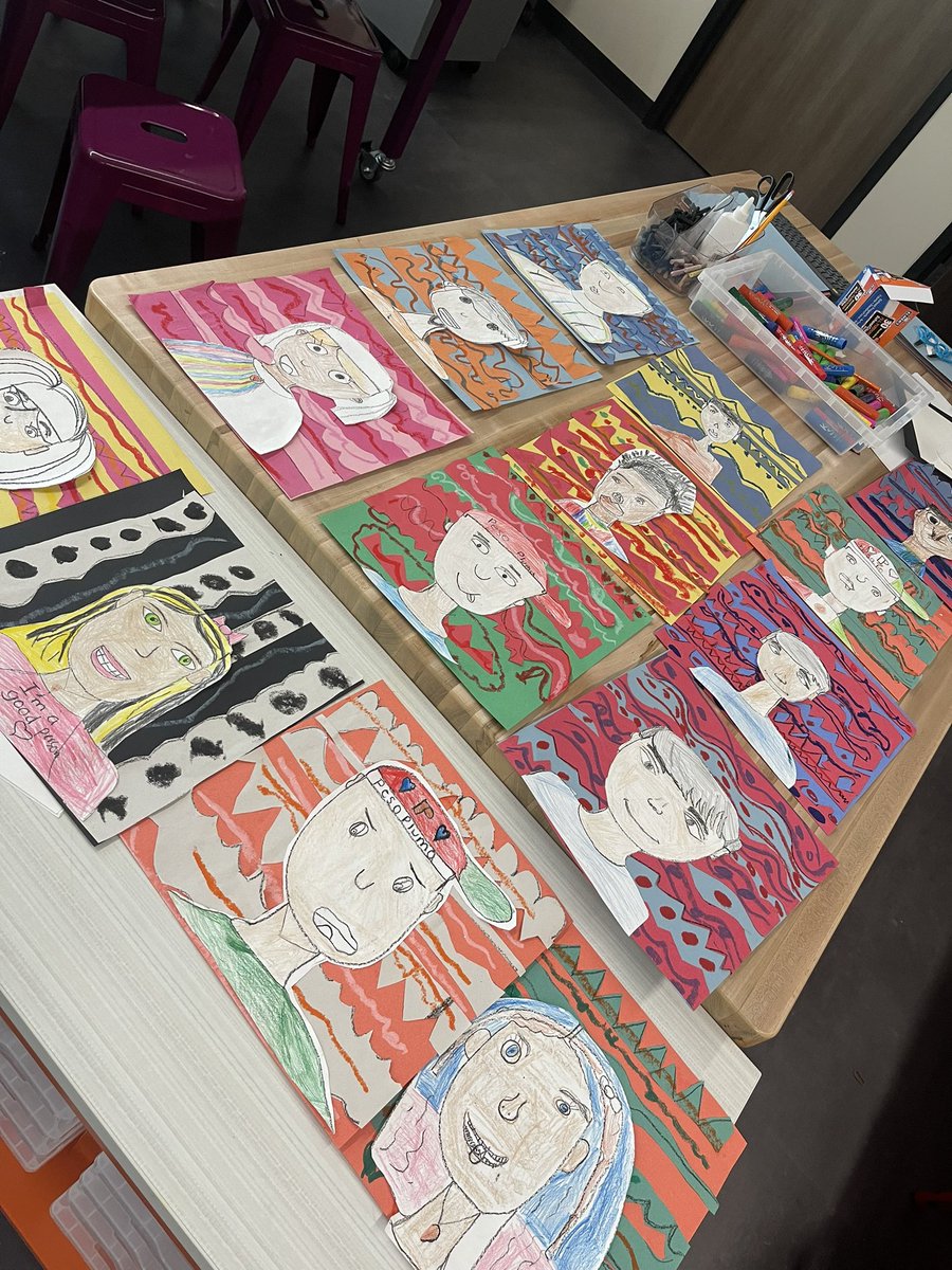 How Beautiful are these 2nd Grade Portraits! We worked on Lines &amp; cutting skills too create our background, and face proportions for the self portraits! Soo much fun in the NBE Art Studio!! <a href="/HumbleISD_NBE/">North Bend Elementary</a>
