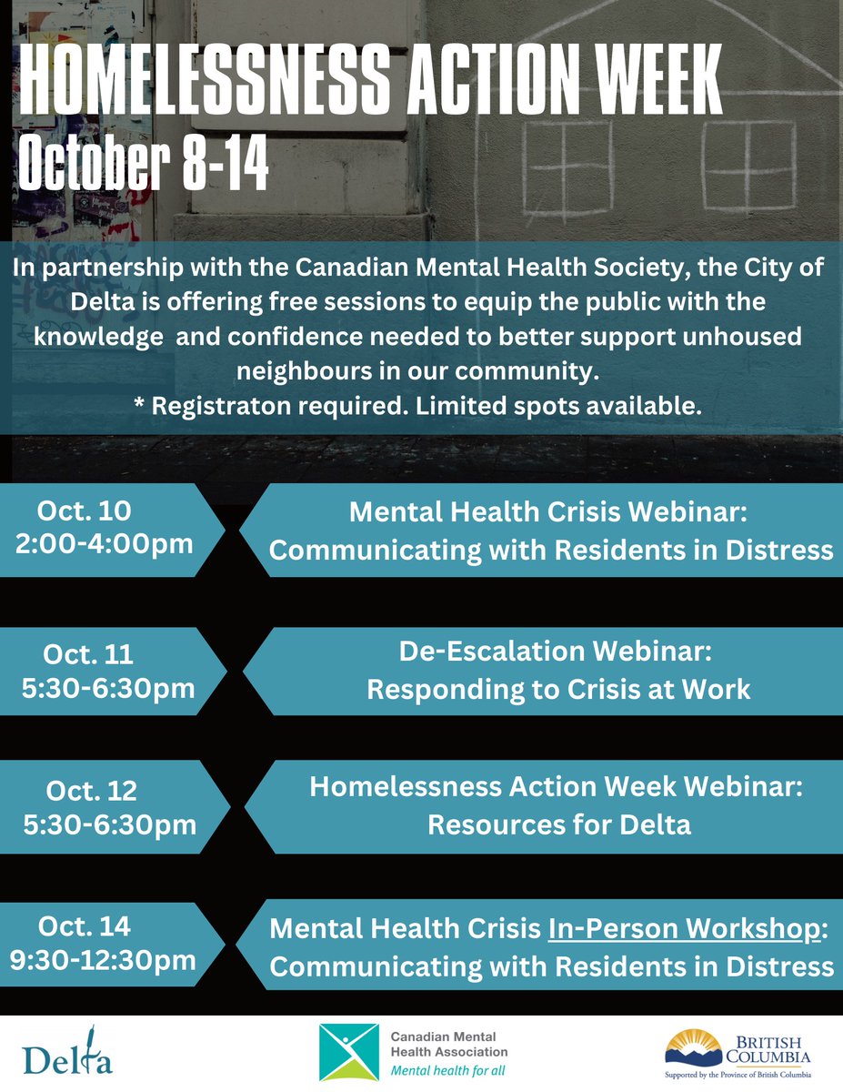 CityofDeltaBC's tweet image. Homelessness Awareness Week in October.

Register now for FREE education and information sessions available to the public to enhance community capacity in supporting Delta's homeless population.

🔗delta.ca/community-cult…
