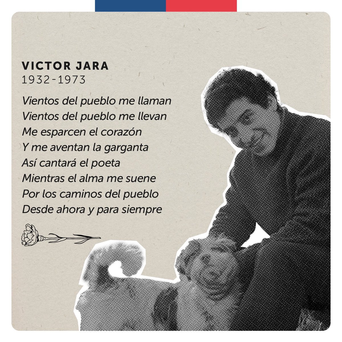 voceriagobierno's tweet photo. #50AñosDelGolpe | 🌹Recordamos a Víctor Jara que el 16 de septiembre de 1973 fue asesinado por la dictadura cívico - militar.
Su canto valiente es eterno en la memoria del pueblo chileno ❤️ #DemocraciaSiempre https://t.co/025SDT4S0E
