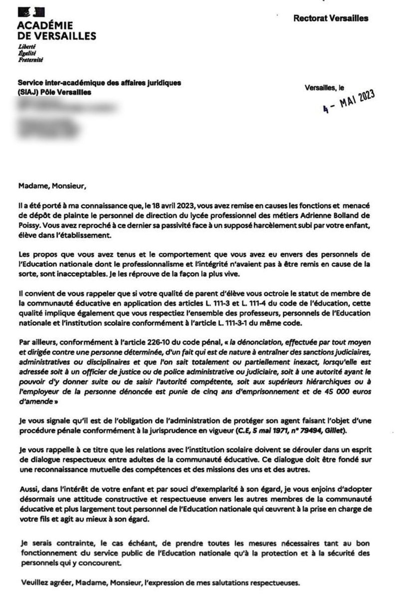 L’ignominie et la degeulasserie de la réponse du Rectorat de Versailles aux parents d’une victime de harcèlement.

On a du mal à le croire.
C’est d’une telle violence. Honte à ceux qui ont signé ce courrier.